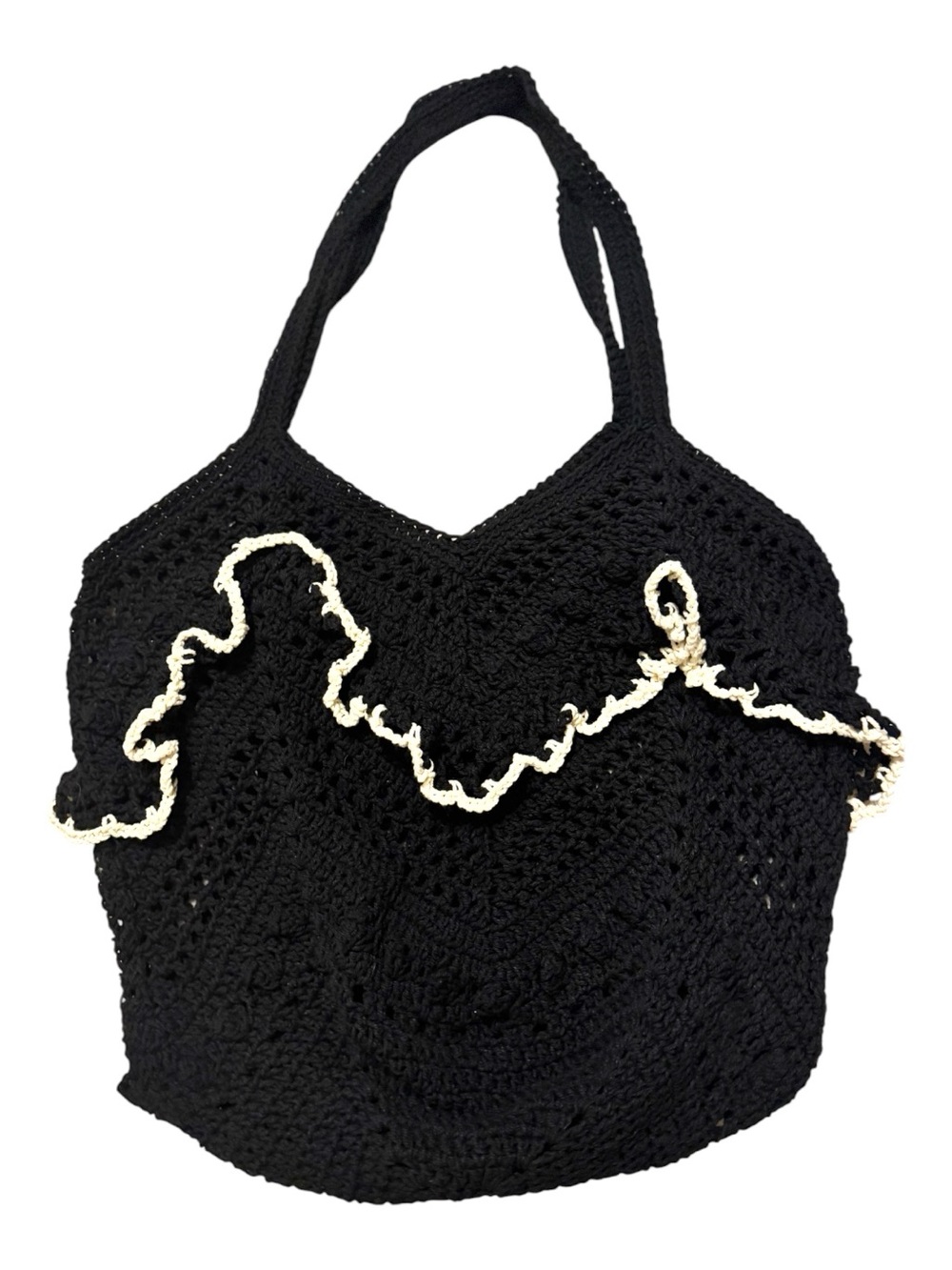 Black w/White Ruffle Trim Crocheted Cotton Shoulder Tote Bag NEW